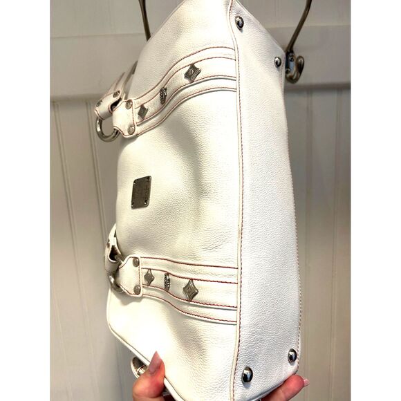 MCM White Leather Satchel with Silver Hardware and Red Stitching - FIRE!!! - Picture 9 of 12